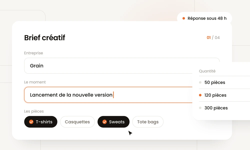 Illustration : formulaire de brief créatif, pièces cochées et quantité