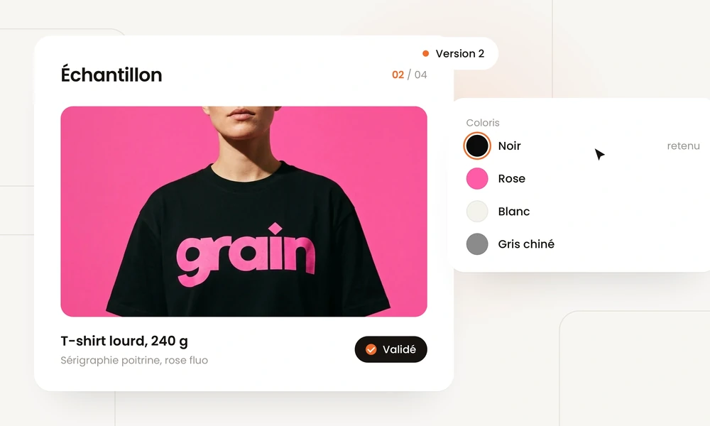 Illustration : échantillon validé, photo du t-shirt et coloris